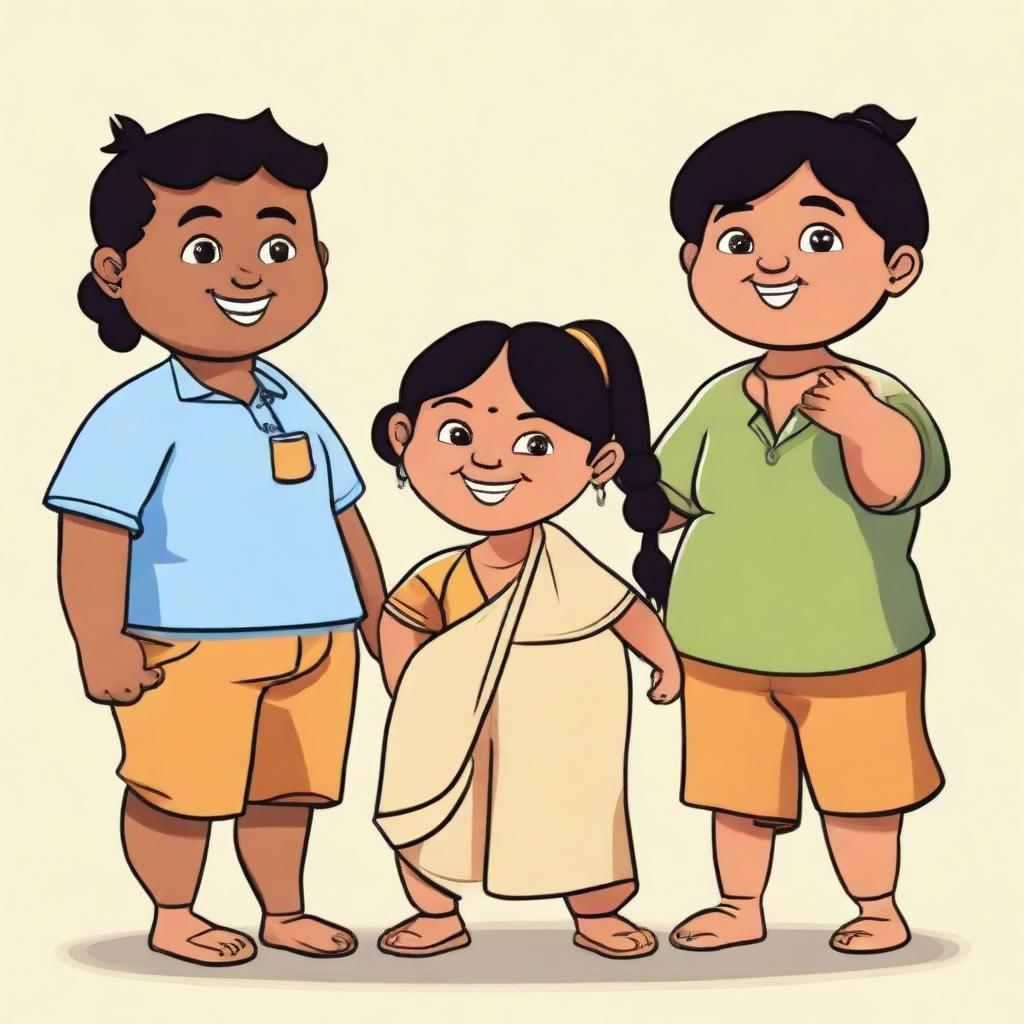 A lively cartoon of three Indian friends. Two equal height boys, one thin with dark skin and one chubby with light brown skin, along with a short light-skinned girl signifying harmony and friendship.