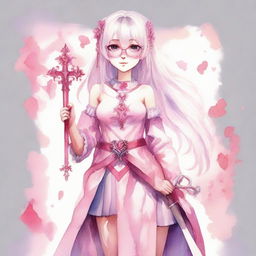 A full-body watercolor of a girl with white hair, pink eyes, wearing glasses and adorned with pink hearts on both cheeks. She's dressed in pink, holding a sword shaped like a crucifix.