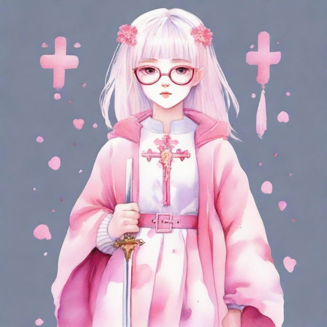 A full-body watercolor of a girl with white hair, pink eyes, wearing glasses and adorned with pink hearts on both cheeks. She's dressed in pink, holding a sword shaped like a crucifix.