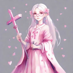 A full-body watercolor of a girl with white hair, pink eyes, wearing glasses and adorned with pink hearts on both cheeks. She's dressed in pink, holding a sword shaped like a crucifix.