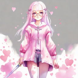 A full-body watercolor of a girl with white hair, pink eyes, wearing glasses and adorned with pink hearts on both cheeks. She's dressed in pink, holding a sword shaped like a crucifix.