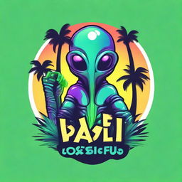 A vibrant logo featuring an alien holding a sleek vape device, nestled between two lush palm trees.