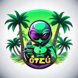 A vibrant logo featuring an alien holding a sleek vape device, nestled between two lush palm trees.