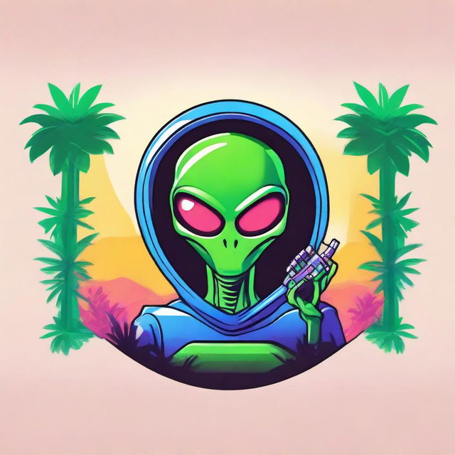 A vibrant logo featuring an alien holding a sleek vape device, nestled between two lush palm trees.