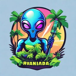 A vibrant logo featuring an alien holding a sleek vape device, nestled between two lush palm trees.