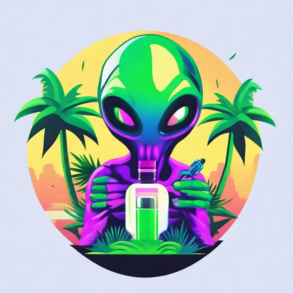 A vibrant logo featuring an alien holding a sleek vape device, nestled between two lush palm trees.