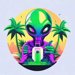 A vibrant logo featuring an alien holding a sleek vape device, nestled between two lush palm trees.