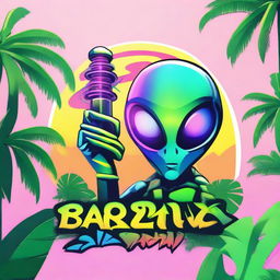 A vibrant logo featuring an alien holding a sleek vape device, nestled between two lush palm trees.