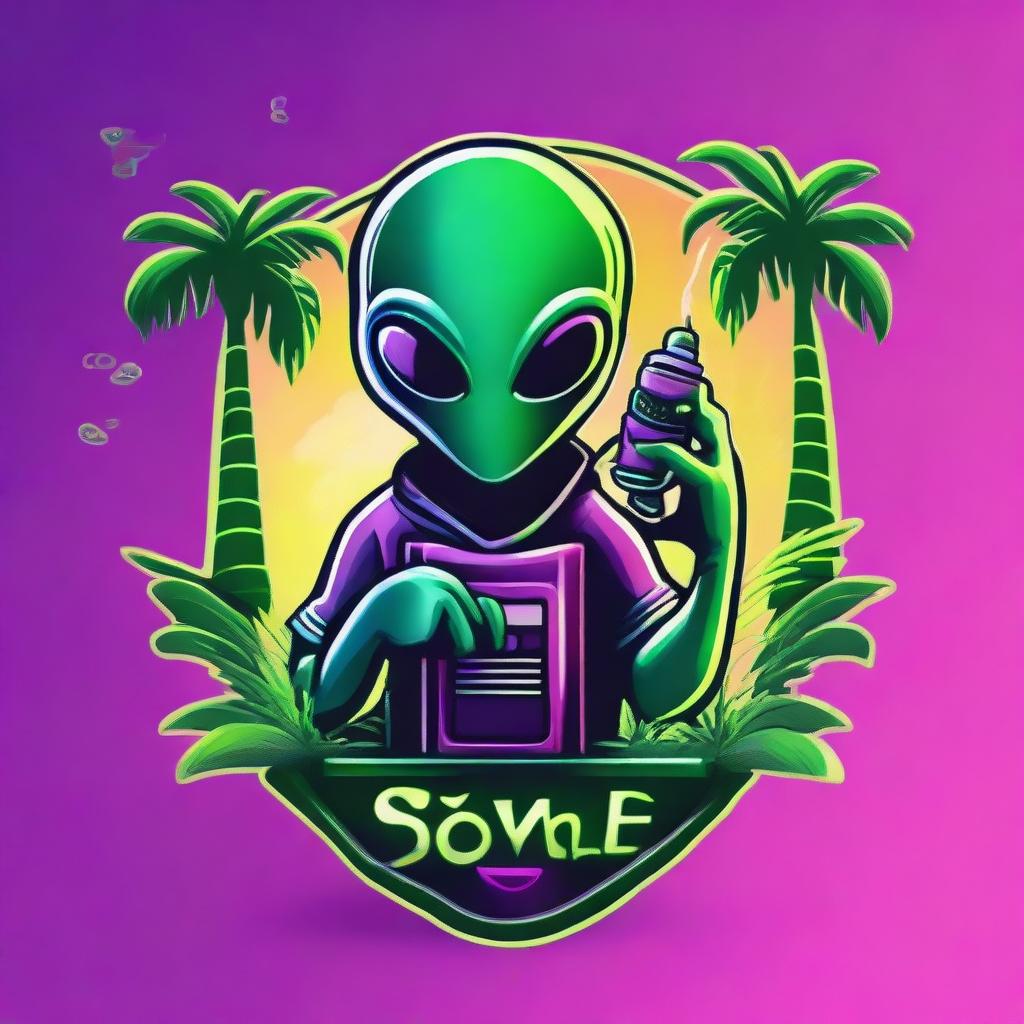 A vibrant logo featuring an alien holding a sleek vape device, nestled between two lush palm trees.