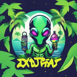 A vibrant logo featuring an alien holding a sleek vape device, nestled between two lush palm trees.