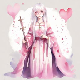 A full-body watercolor artwork of a girl with white hair, glasses, pink eyes, and pink hearts on her cheeks. She is dressed in pink and holds a crucifix-shaped sword.