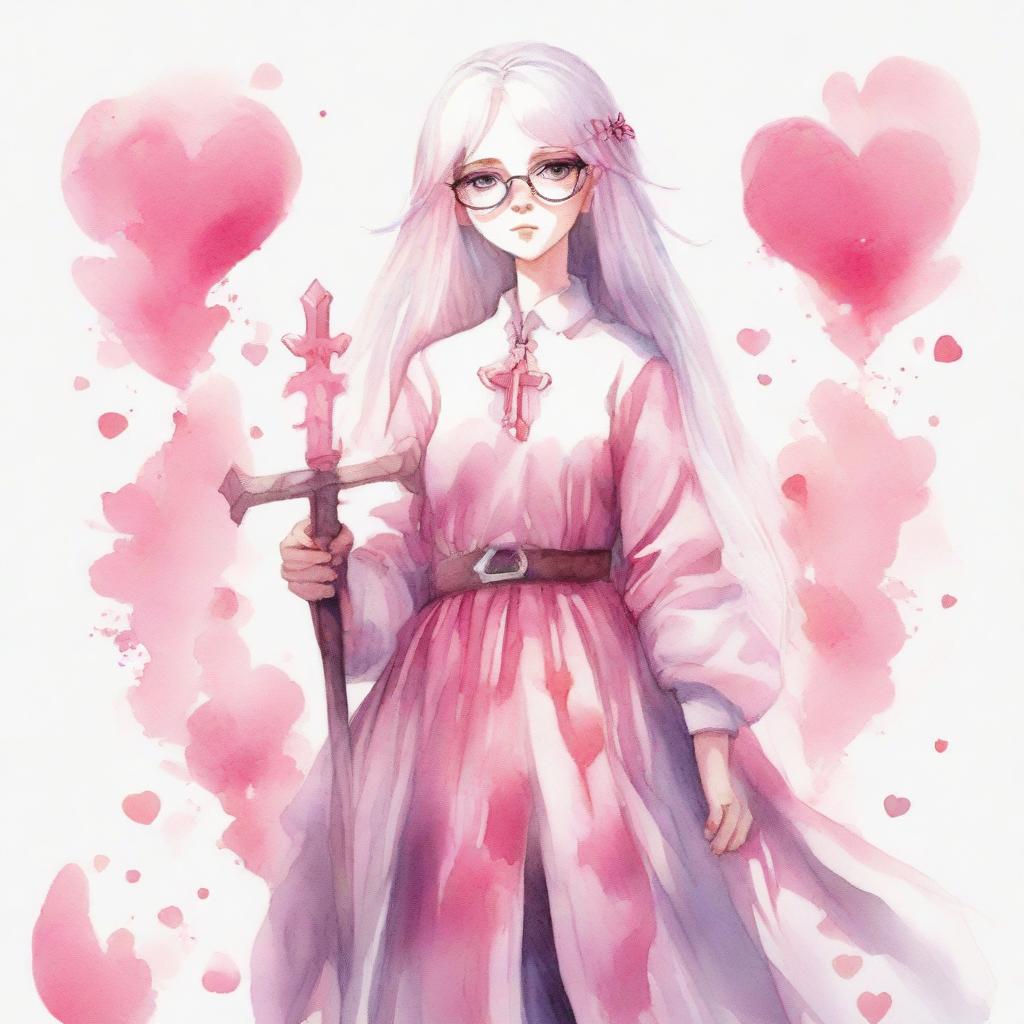 A full-body watercolor artwork of a girl with white hair, glasses, pink eyes, and pink hearts on her cheeks. She is dressed in pink and holds a crucifix-shaped sword.