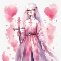 A full-body watercolor artwork of a girl with white hair, glasses, pink eyes, and pink hearts on her cheeks. She is dressed in pink and holds a crucifix-shaped sword.