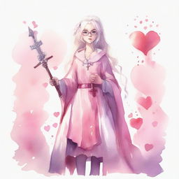 A full-body watercolor artwork of a girl with white hair, glasses, pink eyes, and pink hearts on her cheeks. She is dressed in pink and holds a crucifix-shaped sword.