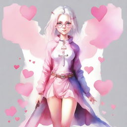 A full-body watercolor artwork of a girl with white hair, glasses, pink eyes, and pink hearts on her cheeks. She is dressed in pink and holds a crucifix-shaped sword.