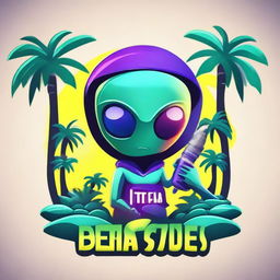 A vibrant logo featuring an alien holding a sleek vape device, nestled between two lush palm trees.