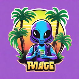 A vibrant logo featuring an alien holding a sleek vape device, nestled between two lush palm trees.