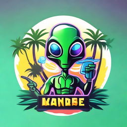 A vibrant logo featuring an alien holding a sleek vape device, nestled between two lush palm trees.