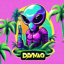 A vibrant logo featuring an alien holding a sleek vape device, nestled between two lush palm trees.