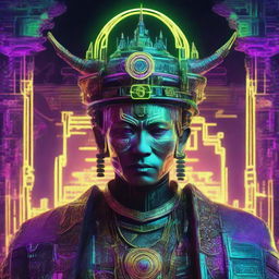 Ancient Myanmar King depicted in intense cyber punk style with neon colors and futuristic technology enhancements.