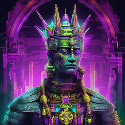 Ancient Myanmar King depicted in intense cyber punk style with neon colors and futuristic technology enhancements.