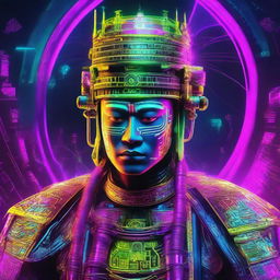 Ancient Myanmar King depicted in intense cyber punk style with neon colors and futuristic technology enhancements.