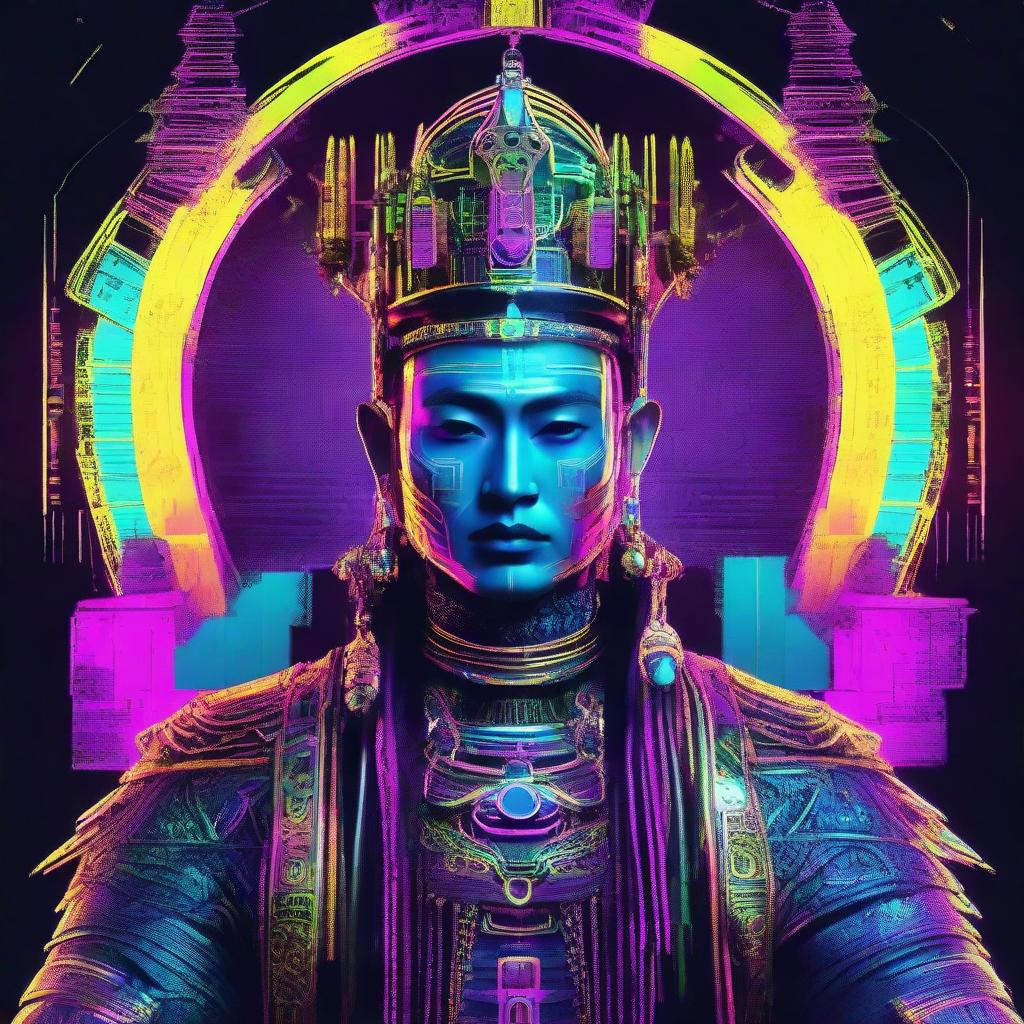 Ancient Myanmar King depicted in intense cyber punk style with neon colors and futuristic technology enhancements.