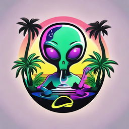 A vibrant logo featuring an alien holding a sleek vape device, nestled between two lush palm trees.