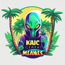 A vibrant logo featuring an alien holding a sleek vape device, nestled between two lush palm trees.