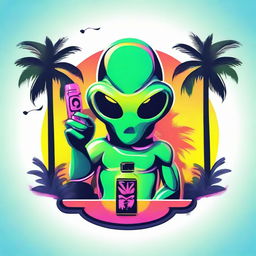 A vibrant logo featuring an alien holding a sleek vape device, nestled between two lush palm trees.