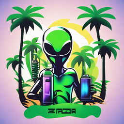 A vibrant logo featuring an alien holding a sleek vape device, nestled between two lush palm trees.