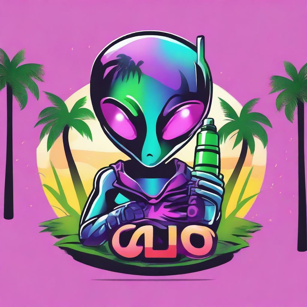 A vibrant logo featuring an alien holding a sleek vape device, nestled between two lush palm trees.