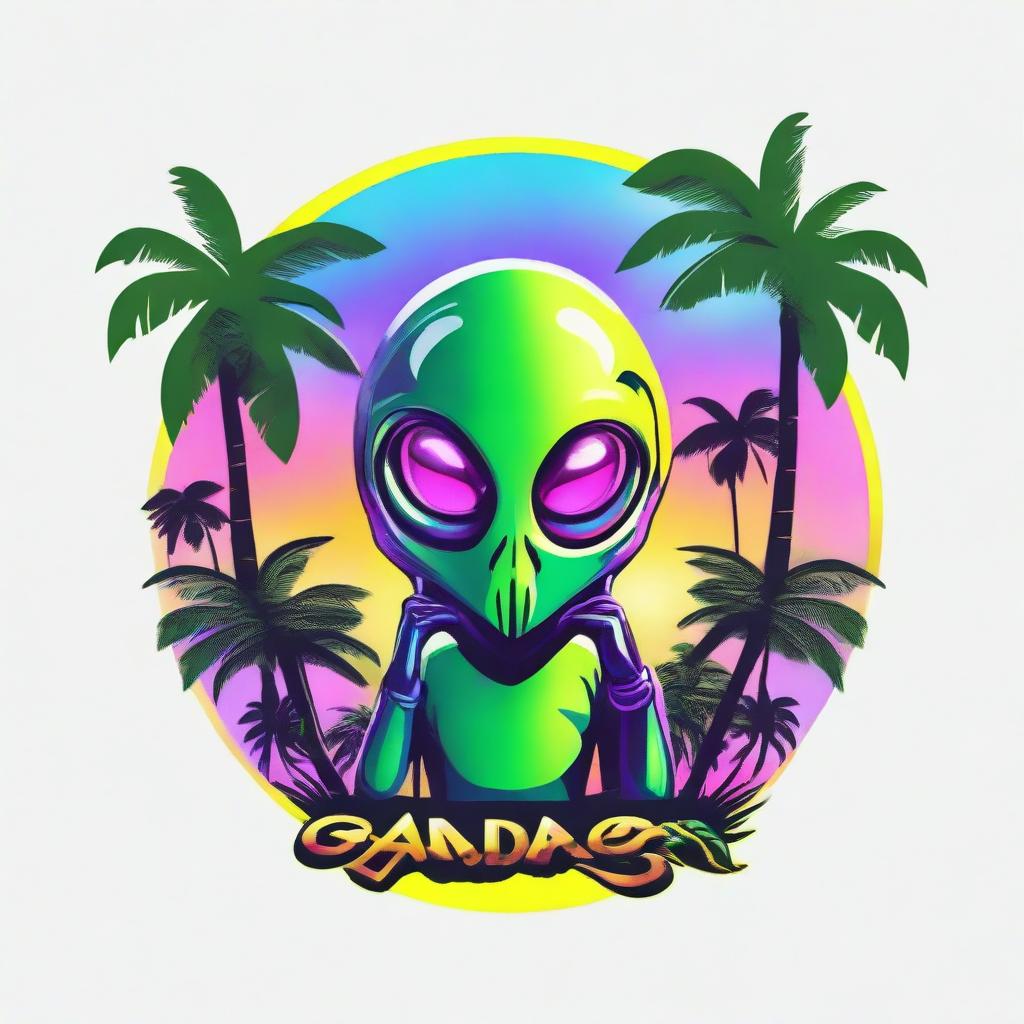 A vibrant logo featuring an alien holding a sleek vape device, nestled between two lush palm trees.