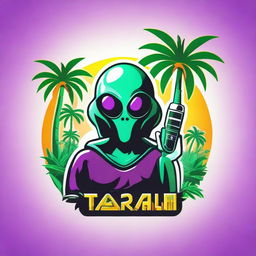 A vibrant logo featuring an alien holding a sleek vape device, nestled between two lush palm trees.