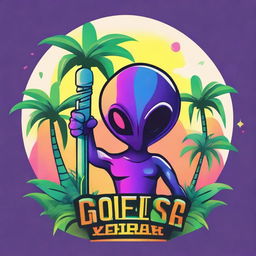 A vibrant logo featuring an alien holding a sleek vape device, nestled between two lush palm trees.