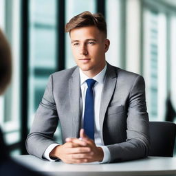 A young male in formal attire confidently taking an interview in a modern office environment