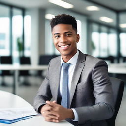 A young male in formal attire confidently taking an interview in a modern office environment