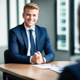 A young male in formal attire confidently taking an interview in a modern office environment