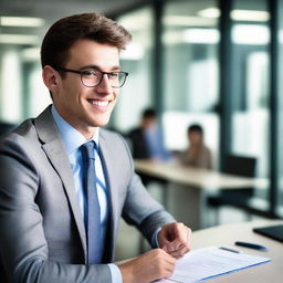 A young male in formal attire confidently taking an interview in a modern office environment