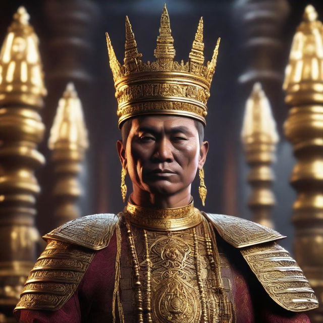 A stunningly realistic 3D rendering of an ancient Myanmar King in cyberpunk style with sophisticated technology elements, illuminated by Unreal Engine 5's high fidelity lighting.