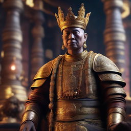 A stunningly realistic 3D rendering of an ancient Myanmar King in cyberpunk style with sophisticated technology elements, illuminated by Unreal Engine 5's high fidelity lighting.