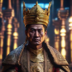 A stunningly realistic 3D rendering of an ancient Myanmar King in cyberpunk style with sophisticated technology elements, illuminated by Unreal Engine 5's high fidelity lighting.