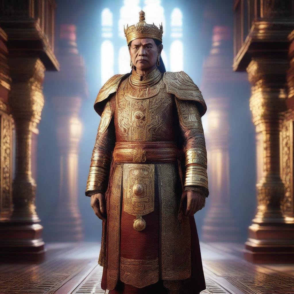 A stunningly realistic 3D rendering of an ancient Myanmar King in cyberpunk style with sophisticated technology elements, illuminated by Unreal Engine 5's high fidelity lighting.