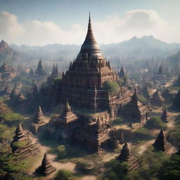 A breathtakingly realistic 3D representation of an ancient Myanmar city transformed into a fantasy version reminiscent of 'The Lord of the Rings', enhanced by Unreal Engine 5's high-quality graphics.