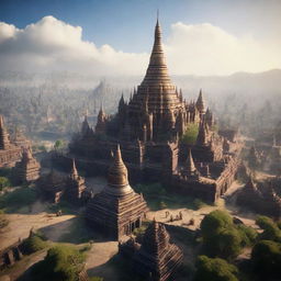 A breathtakingly realistic 3D representation of an ancient Myanmar city transformed into a fantasy version reminiscent of 'The Lord of the Rings', enhanced by Unreal Engine 5's high-quality graphics.