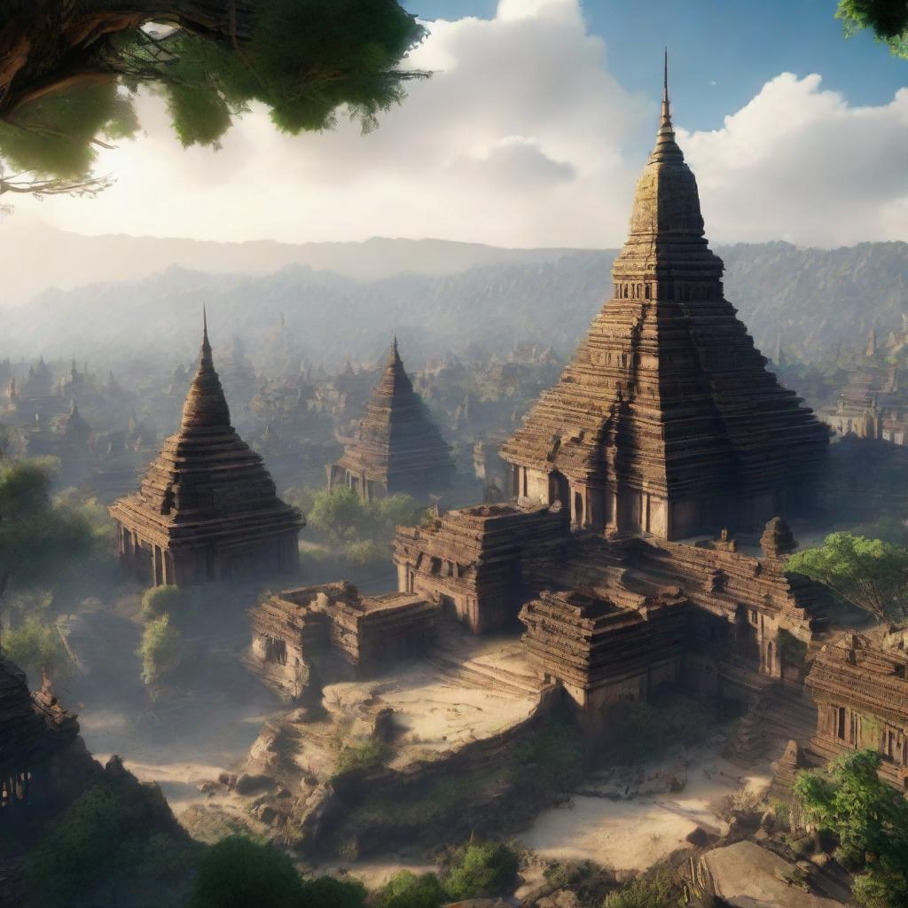 A breathtakingly realistic 3D representation of an ancient Myanmar city transformed into a fantasy version reminiscent of 'The Lord of the Rings', enhanced by Unreal Engine 5's high-quality graphics.