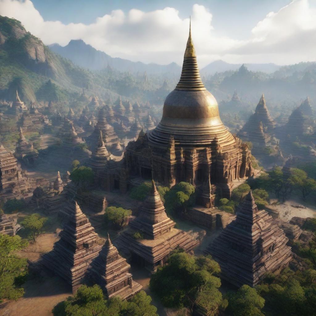 A breathtakingly realistic 3D representation of an ancient Myanmar city transformed into a fantasy version reminiscent of 'The Lord of the Rings', enhanced by Unreal Engine 5's high-quality graphics.