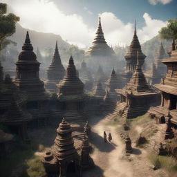 A 360-degree panoramic image of an ancient Myanmar city reimagined in a 'Lord of the Rings' fantasy style, utilizing Unreal Engine 5 for hyper-realistic 3D graphics.