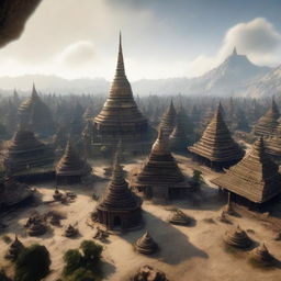 A 360-degree panoramic image of an ancient Myanmar city reimagined in a 'Lord of the Rings' fantasy style, utilizing Unreal Engine 5 for hyper-realistic 3D graphics.