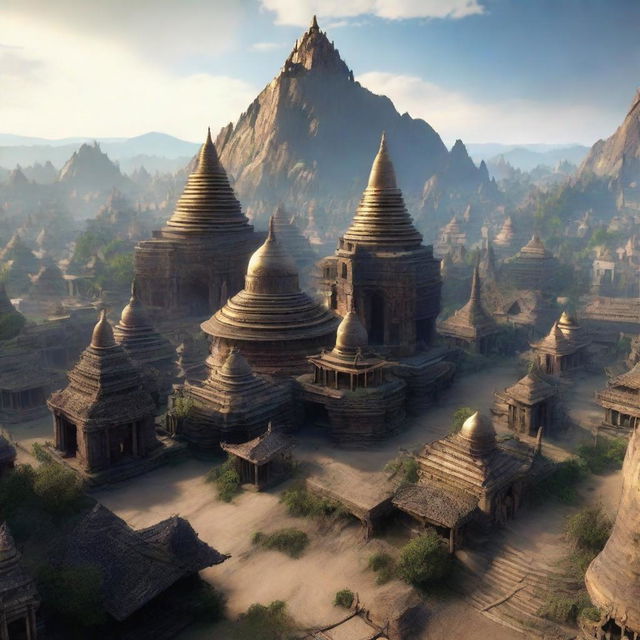 A 360-degree panoramic image of an ancient Myanmar city reimagined in a 'Lord of the Rings' fantasy style, utilizing Unreal Engine 5 for hyper-realistic 3D graphics.